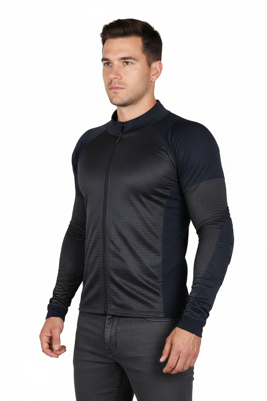 Model wearing black mesh armor jacket