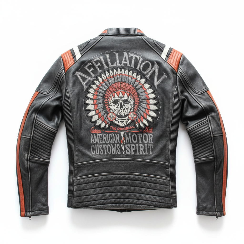 Motorcycle jacket back view with white background
