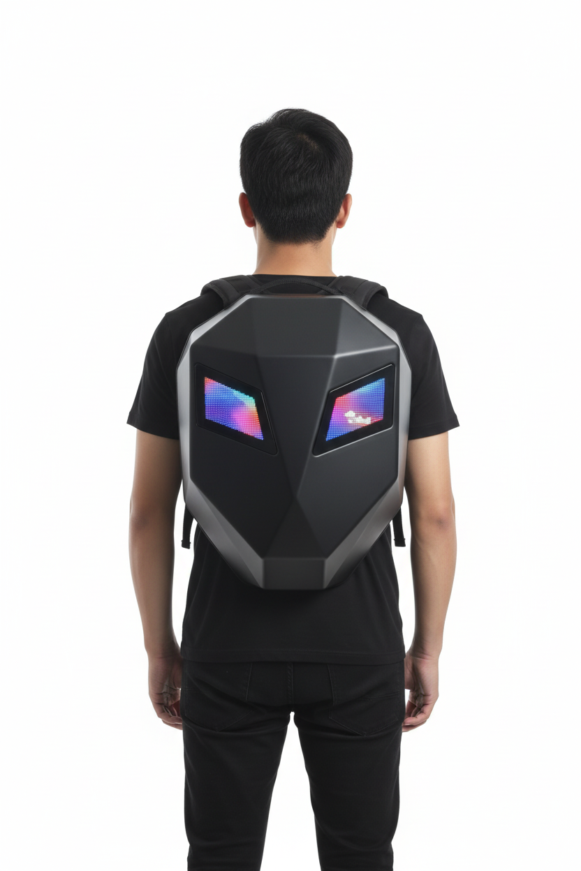 Person wearing LED backpack on white background