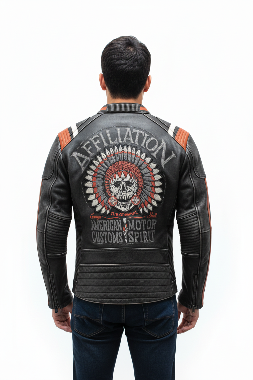 Person wearing motorcycle jacket - back view