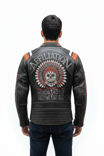 Person wearing motorcycle jacket - back view