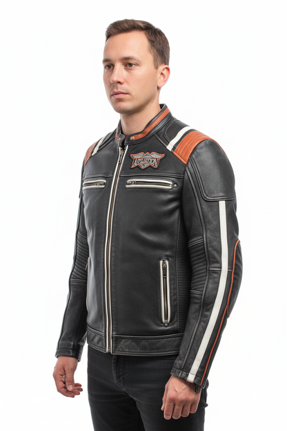 Person wearing motorcycle jacket with face visible