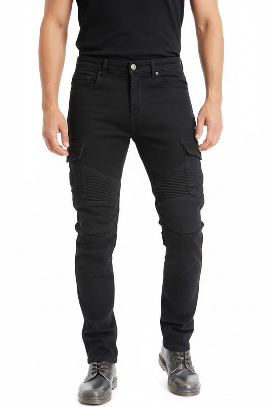 Person wearing motorcycle riding jeans