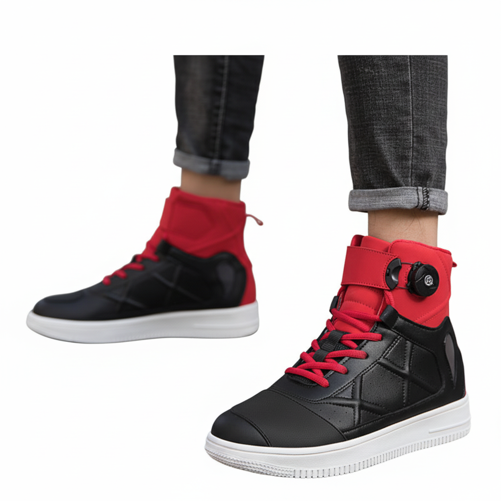 Red and black boots white background