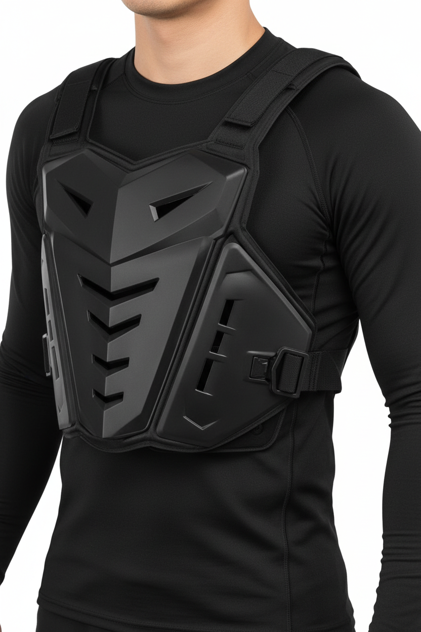 Rider wearing vest on pure white background