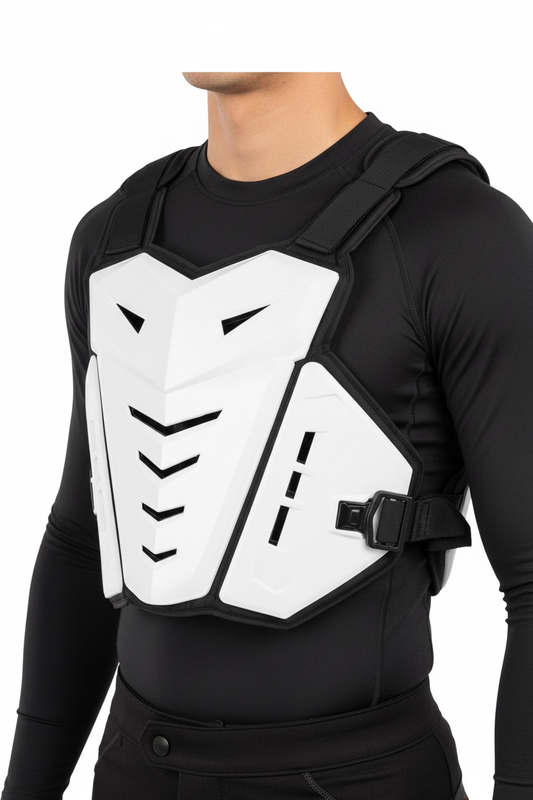 Rider wearing white protective vest on white background