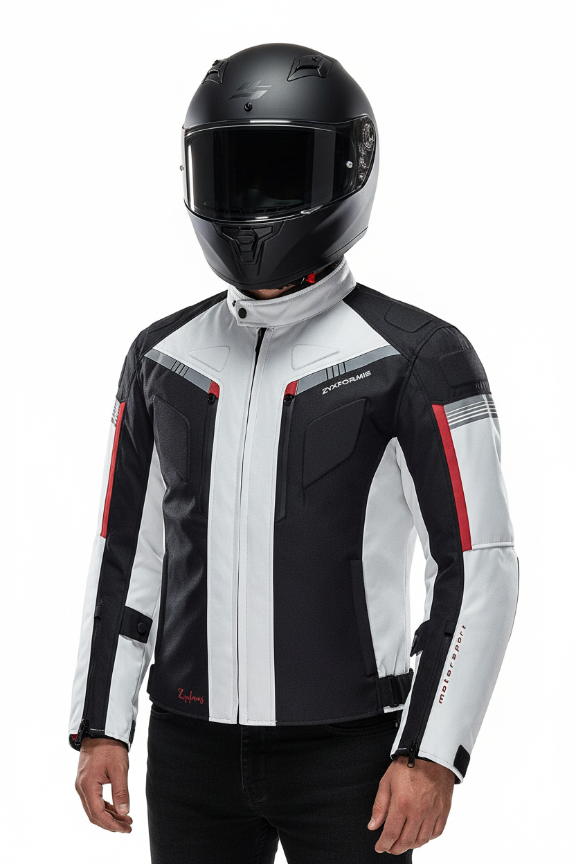Rider wearing ZYXFORMIS jacket with black helmet