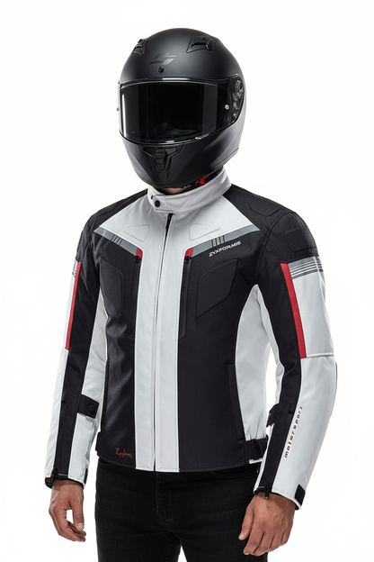 Rider wearing ZYXFORMIS jacket with black helmet